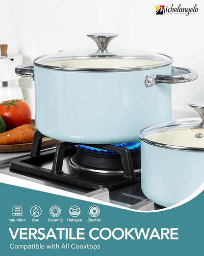 MICHELANGELO Pots and Pans Set Non Stick, 8-Piece Ti-infused Ceramic Cookware Set with Silicone Utensils - Induction Compatible, Oven Safe, PFOA-Free, Blue