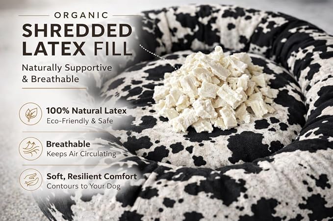 Round Dog Bed – Natural Canvas, Removable Washable Cover, Raw Cotton or Latex Fill, Hypoallergenic Non-Toxic, Made in USA (Cow Print Black White, Small, Firm Support – Raw Cotton)