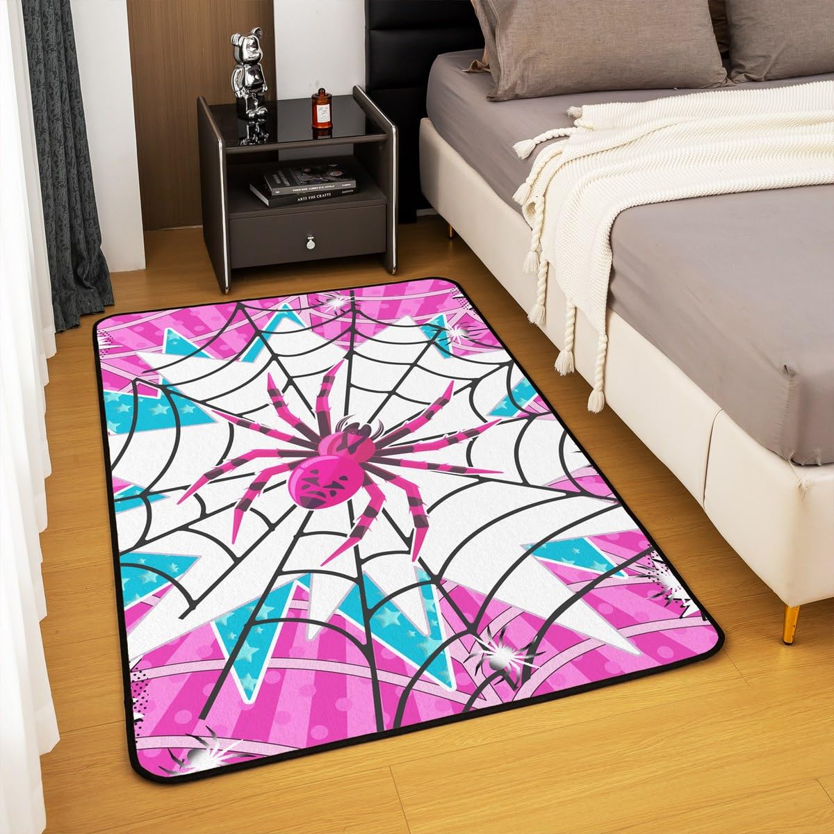 Manfei Pink Spider Kids Area Rug,Black Spider Web Halloween Gothic Trippy Indoor Floor Mat Entrance Rug for Girls Boys,Stars Stripe Geometric Non Slip Rug,Unique Couch Living Room Decor,5'x6'6''