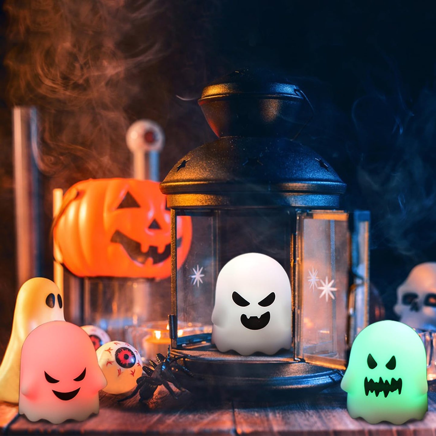 DRomance Halloween Ghost Lights Flameless Candles Battery Operated with Remote and Timer 6 Pack Color Changing LED Small Votive Candles Spooky Halloween Indoor Deocration(2 x 2.4 Inches)
