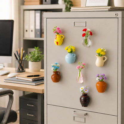 Mini Vase Magnets for Fridge - 8-Pack Cute Ceramic Pots with Artificial Flowers, Decor for Home,Office, White Board, Kitchen