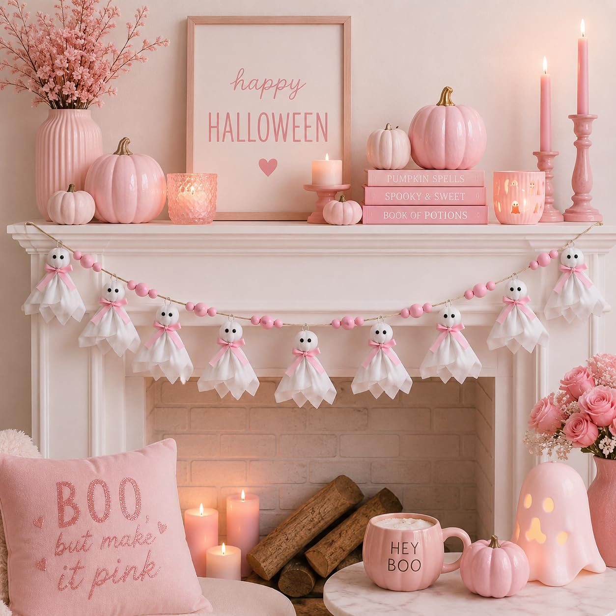 Craflox Pink Halloween Garland Ghost Decor, Pastel Girly Halloween Party Garland for Mantle, 6.6Ft Cute Spooky Pink Wooden Beads Decorations for Home Indoor, Handmade Banner