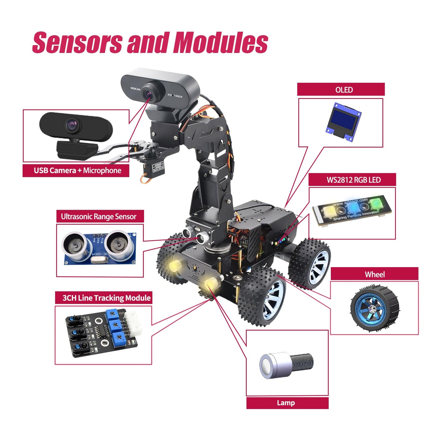 Adeept PiCar Pro V2 Smart Robot Car Kit with 4-DOF Robotic Arm for Raspberry Pi 5/4/3(Pi NOT Included), Programming Educational STEM Project Robotics, Obstacle Avoidance, Line Tracking, USB-C Charging