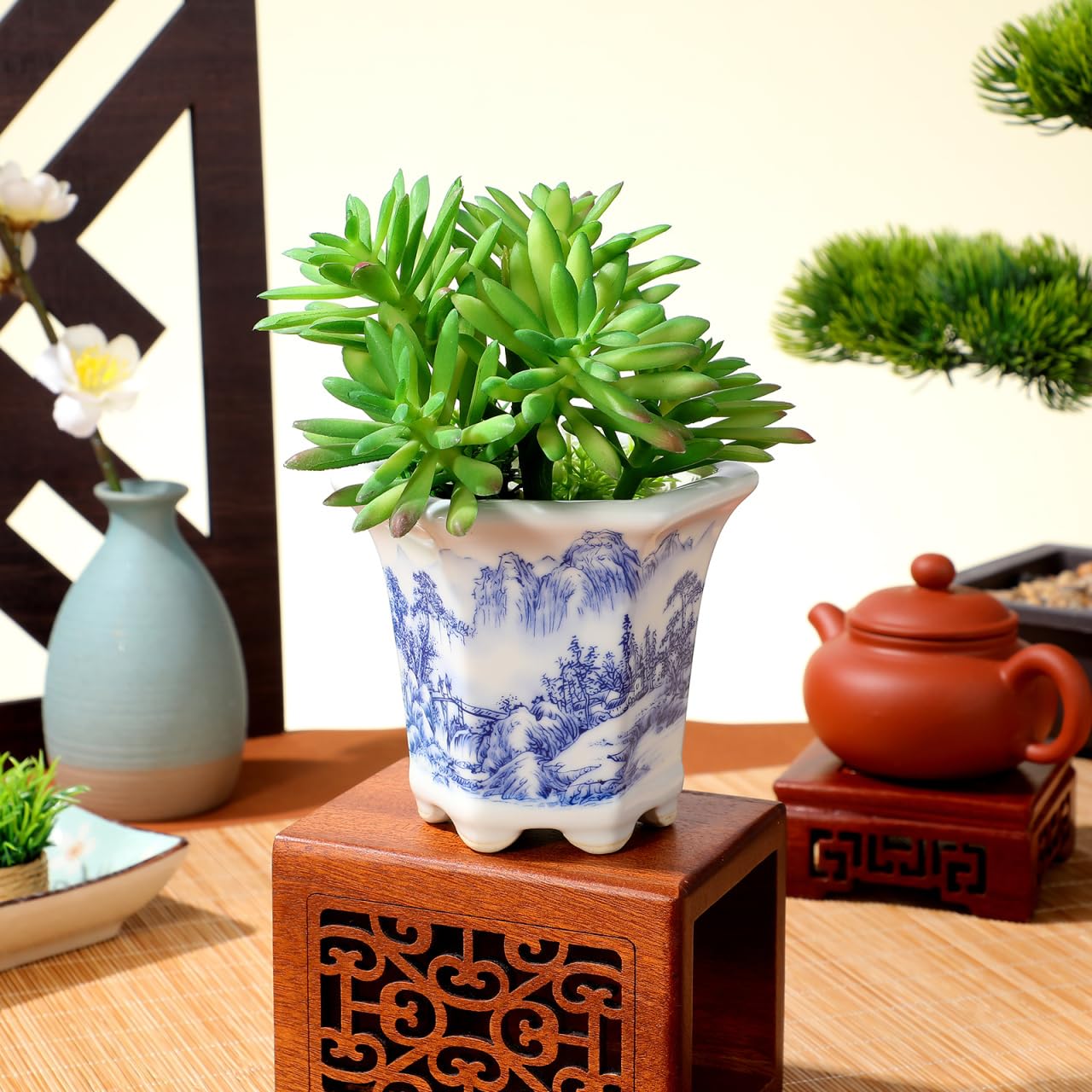Toddmomy Blue and White Planter: Succulent Pots Ceramic Flower Pot Chinese Style Porcelain Planter Container for Office Desk Balcony Outdoor Garden
