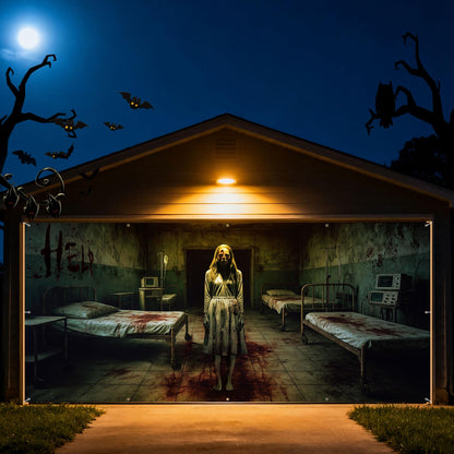 Blosssound 1 PCS Halloween Ghosts Garage Door Cover - 7 x 16 ft Hospital Haunted Buildings Zombies Backdrop Hanging Decorations for Halloween Photo Outdoor Home Party Booth