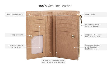 grande 2804 Genuine Leather Medium Bifold Wallet For Women Minimalist Wallet Ladies Zippered Mini Purse Small Card Holder (Cookie)