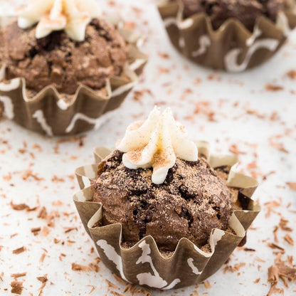 Restaurantware Panificio 0.4 Ounce Baking Cups 200 Flared Cupcake Liners - Oven-Ready Freezable Brown And White Paper Muffin Cases Disposable Chocolate Wisp For Wedding Parties Baby Showers