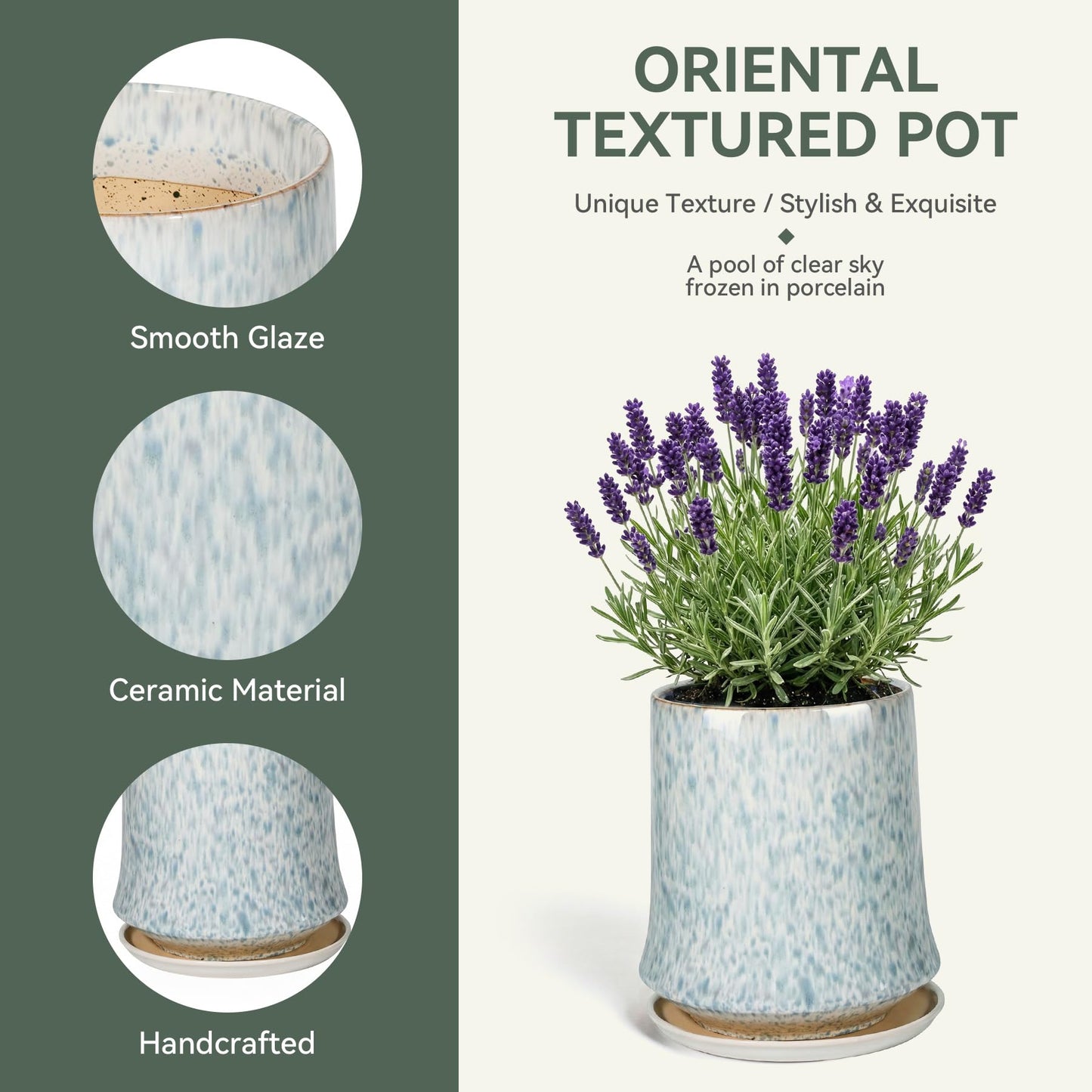 TOSELBAI 8 Inch Ceramic Planter Pot with Saucer Drainage Leak-Proof Mesh,Flower Pots for Lavender with Gardening Gloves,Ceramic Planter for Orchid(Light Blue)