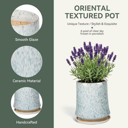 TOSELBAI 8 Inch Ceramic Planter Pot with Saucer Drainage Leak-Proof Mesh,Flower Pots for Lavender with Gardening Gloves,Ceramic Planter for Orchid(Light Blue)