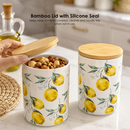 ODESUN Lemon Ceramic Utensil Holder with Bamboo Lid , 2-in-1 Countertop Utensil Crock & Storage Canister, Kitchen Utensil Holder for Countertop & Flatware Holder, French Country Kitchen Decor