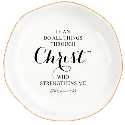 Christian Gifts for Women, Bible Verse Ceramic Jewelry Dish Trinket Ring Tray, Inspirational Floral Gift for Mom Sister Friend Birthday Christmas-I Can Do All Things Through Christ (White-Christ2)
