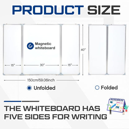 AmazingSpark 60” x 40” Foldable Whiteboard Dry Erase Board Large Tri Folding Whiteboard Magnetic Dry Erase Board, Wall Aluminium Frame and Flip Out Pen Tray for Office, Home