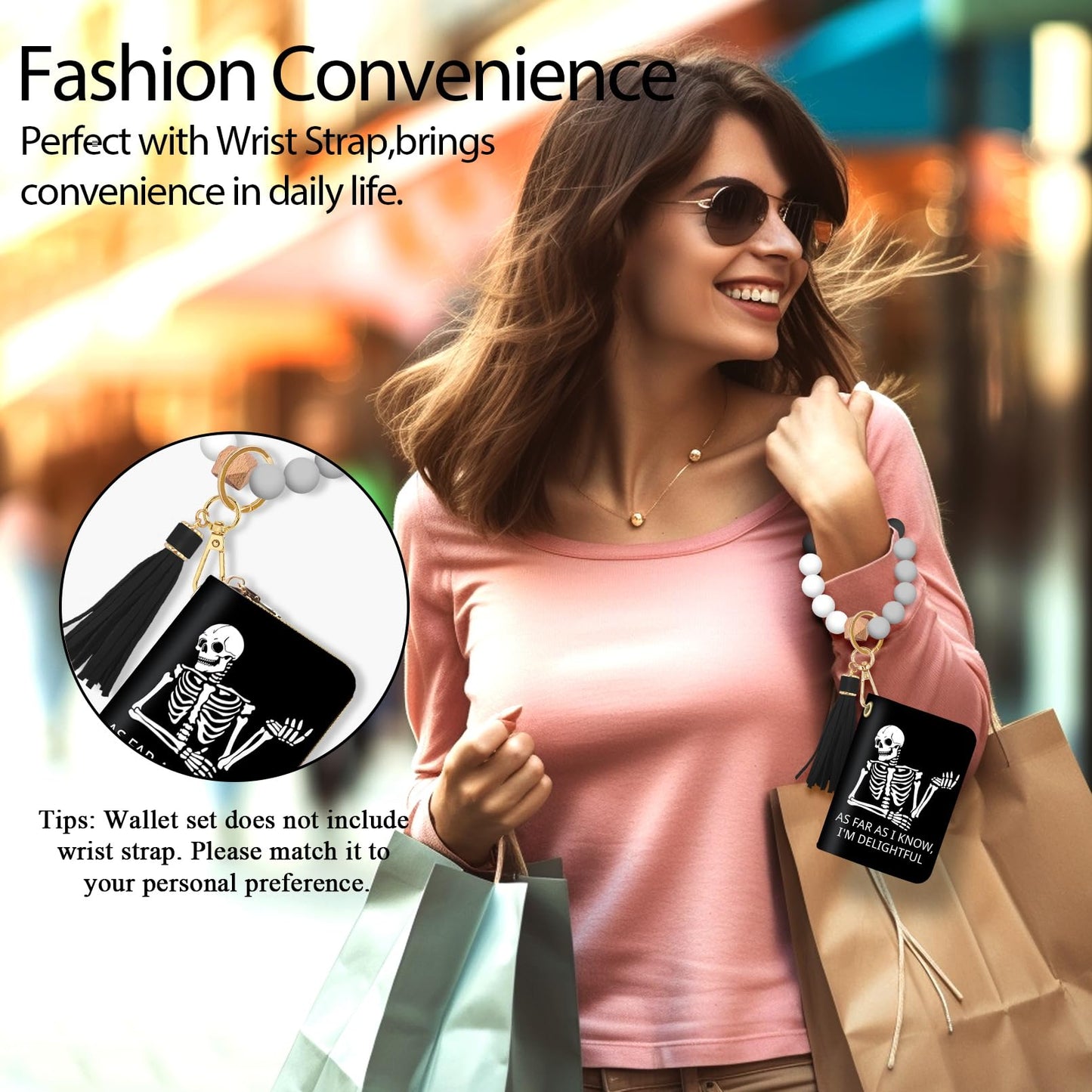 Yonlevres Skeleton Credit Card Holder Keychain Wristlet Bracelet Wallet Women, Gothic Skull Small Wallet Silicone Beaded, Funny Halloween Leather RFID Blocking Wallets Mini Card Case Accordion Gift