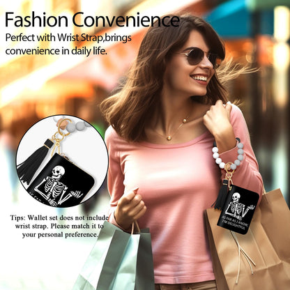 Yonlevres Skeleton Credit Card Holder Keychain Wristlet Bracelet Wallet Women, Gothic Skull Small Wallet Silicone Beaded, Funny Halloween Leather RFID Blocking Wallets Mini Card Case Accordion Gift