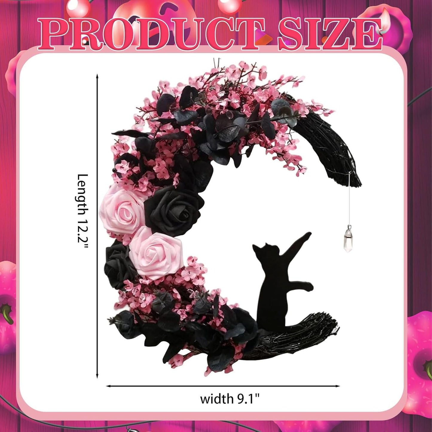 Pink Black Halloween Wreath with Lights, Crescent Moon Cat Pastel Goth Wreath with Rose, Spooky Witchy Gothic Front Door Decor for Indoor Bedroom Wall (Rose)