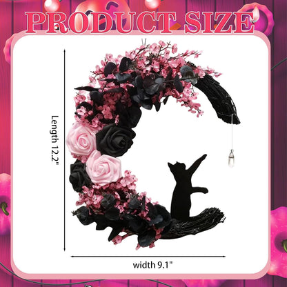 Pink Black Halloween Wreath with Lights, Crescent Moon Cat Pastel Goth Wreath with Rose, Spooky Witchy Gothic Front Door Decor for Indoor Bedroom Wall (Rose)