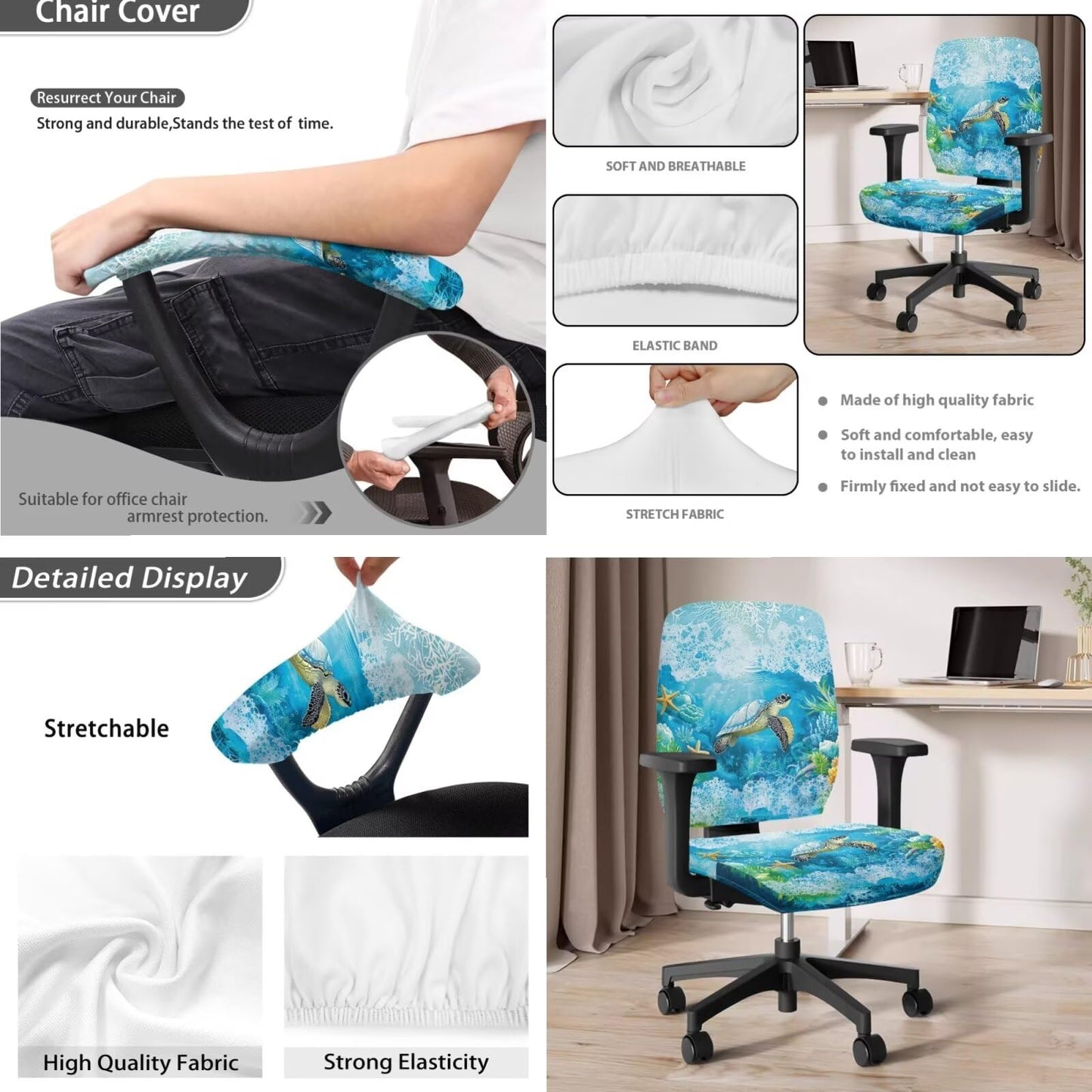 Lotusorchid 4 Pieces Sea Turtle Print Office Chair Covers Set Removable Protective Stretch Printed Computer Office Chair Covers Backrest Cover Chair Armrest Cover, Blue