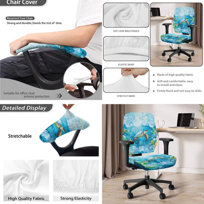 Lotusorchid 4 Pieces Sea Turtle Print Office Chair Covers Set Removable Protective Stretch Printed Computer Office Chair Covers Backrest Cover Chair Armrest Cover, Blue