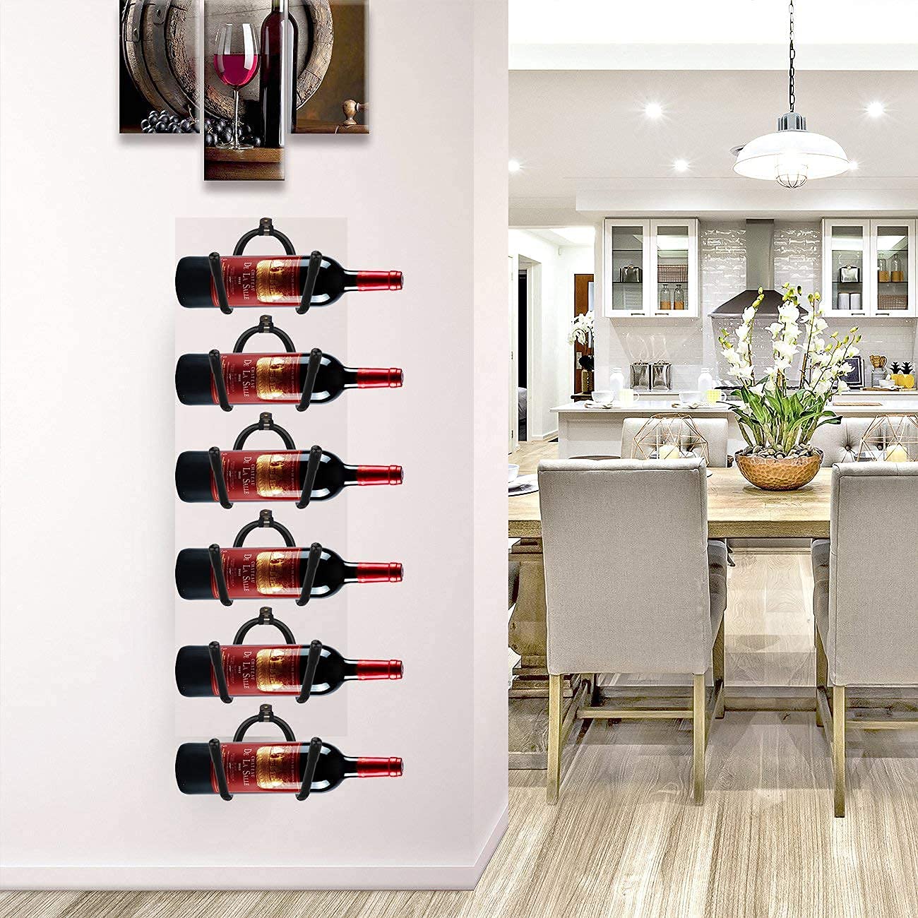 Pmsanzay Wine Wall Holder, 6 Pack Wall Mounted Wine Rack, Wine Bottle Display Holder Organizer for Wine Storage Wall Wine Theme Decor, Black (Horizontal Style)