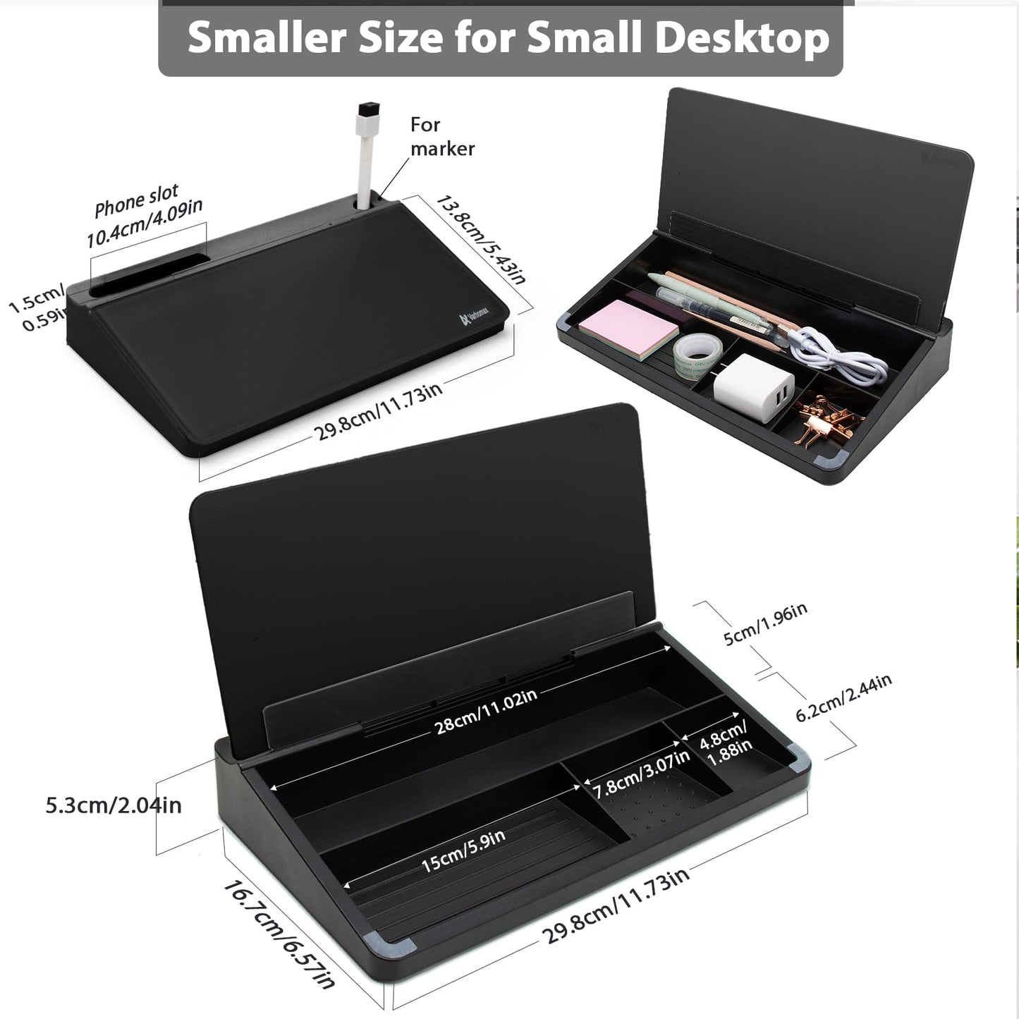 Varhomax Glass Desk Buddy Whiteboard with Storage, Small Dry Erase Desktop White Board Caddy to-do List Memo Notepad for Office, School and Home Office Supplies (Black)