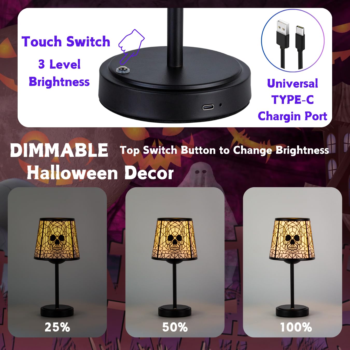 Skull and Crossbones Table Lamps, Black Base with Decorative Shade, 3-level brightness touch Halloween Gothic style table lamp, suitable for/bar/restaurant/bedroom/decorative lighting, 2 packs. ﻿