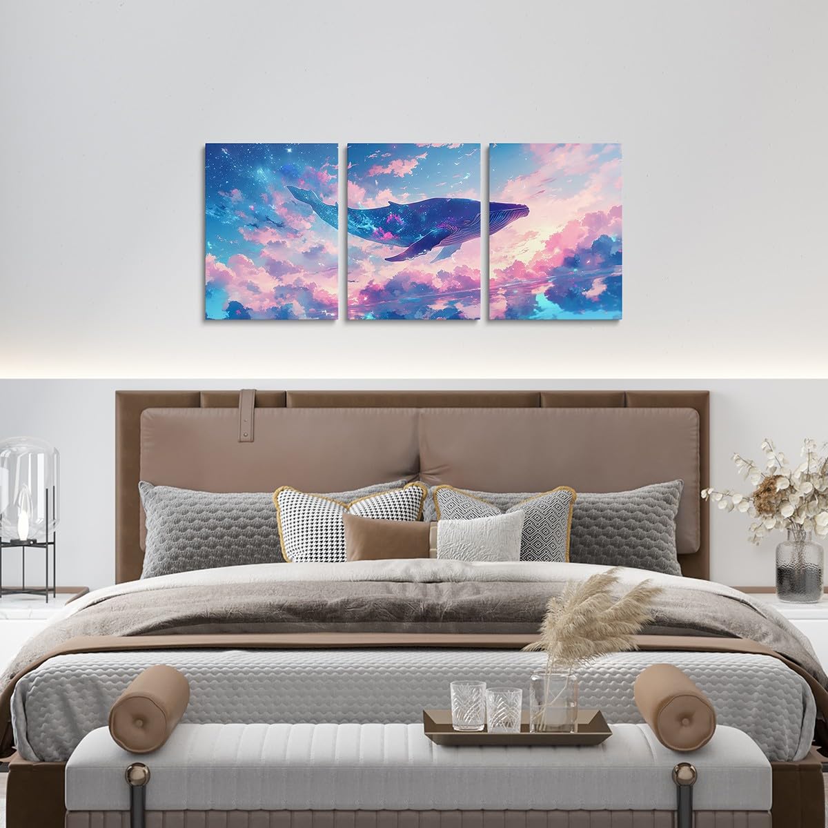 Feelyou Pretty Whale 3 Piece Canvas Wall Art for Living Room Bedroom Pink Blue Galaxy Wall Art for Home Decor Ocean Animal Office Wall Decor Nebula Wall Painting