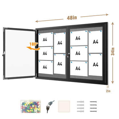 Mifuro 48"x34" Enclosed Bulletin Board, Outdoor Lockable Weather-Resistant Aluminum Cork Noticeboard for School & Office, Black Frame w/Grey Flet