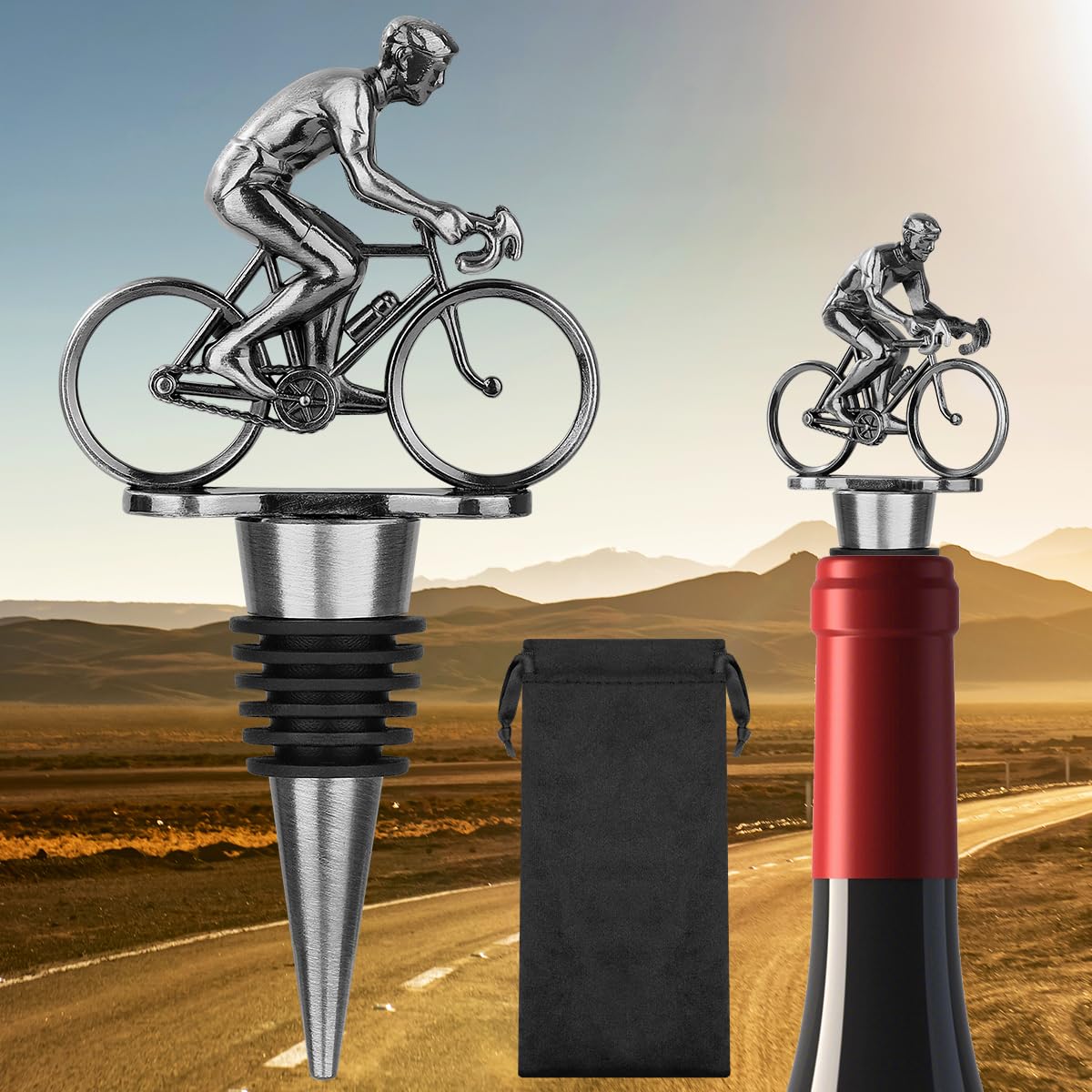 LULLEA Cycling Wine Bottle Stopper, Bicycle Gifts Cyclist Gifts Wine Gifts for Father's Day, Christmas, Birthday, Silver Bottle Stopper for Wine and Champagne with Bag
