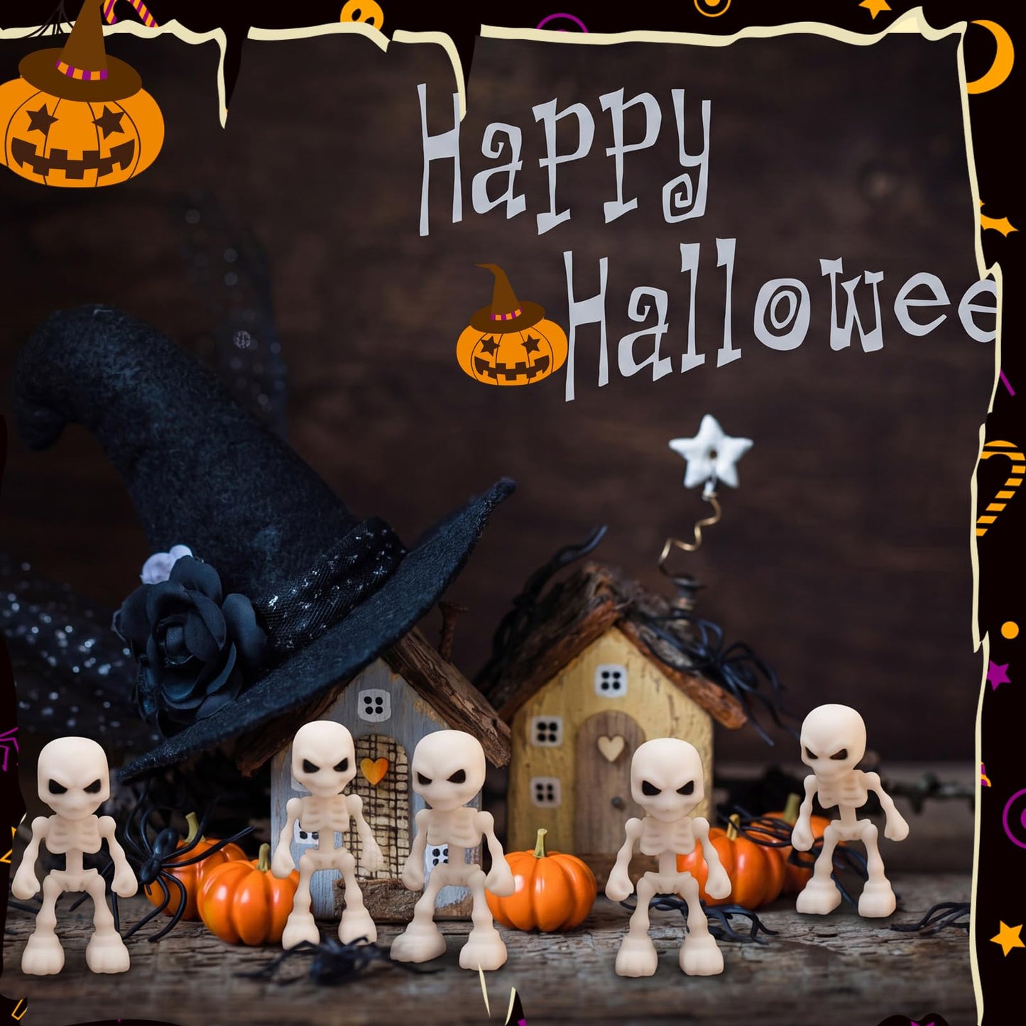 Junkin 100 Pcs Halloween Mini Skeleton Figures Tiny Skulls Cute Design Soft Rubber Skeleton Decorations Miniature Skulls Figures Ornaments for Indoor Fireplace Haunted House Accessories Party