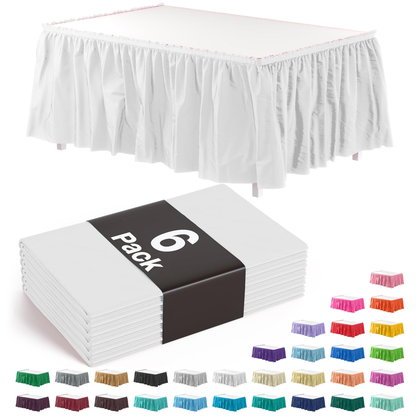 Exquisite White Table Skirt 6 Pack - Disposable Plastic Table Skirts for Rectangle Tables 6ft 8ft & Round Tables - 29in x 14ft Self-Adhesive Strip - Birthday Wedding Gender Reveal Decor