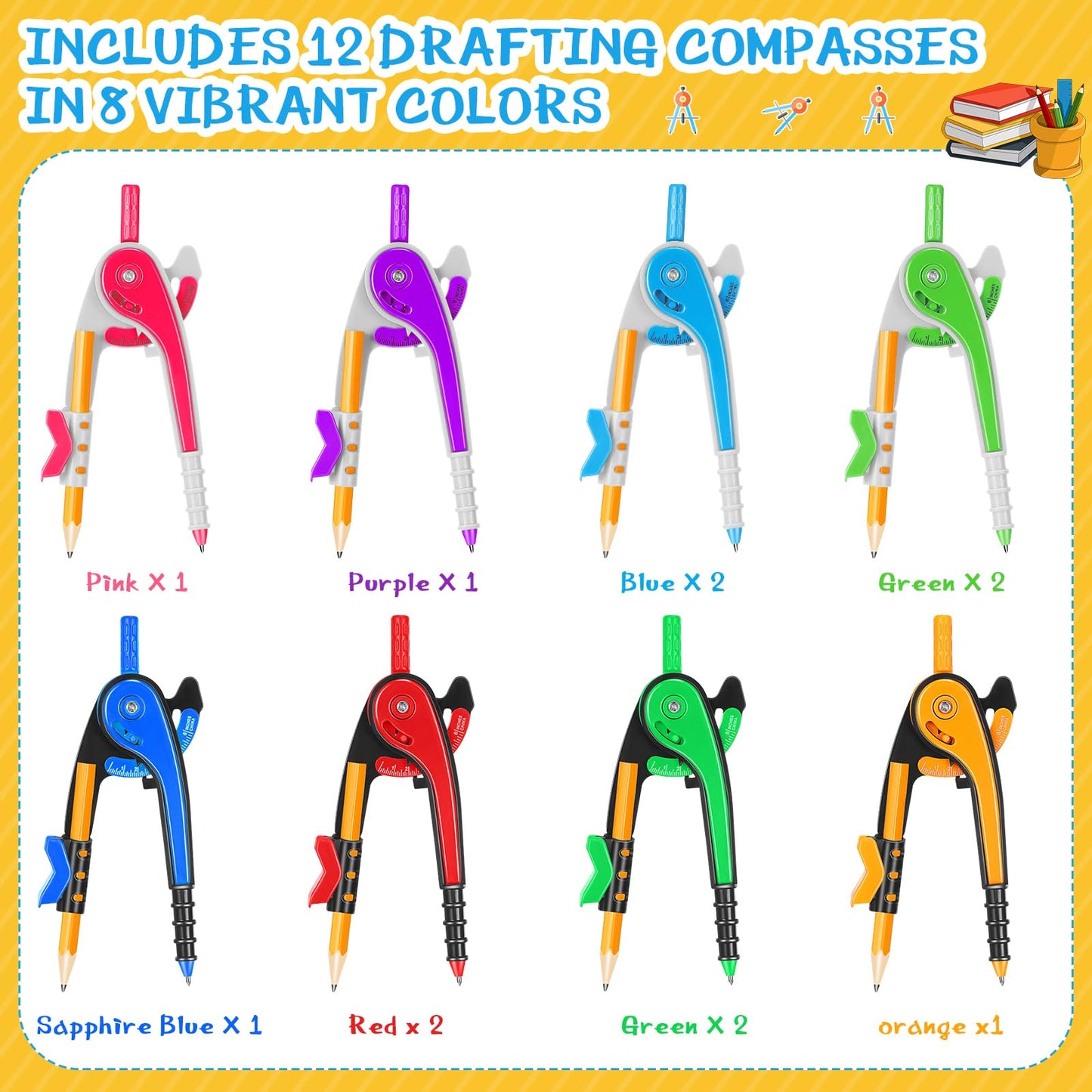 Zonon Student Math Geometry Compass Bulk 6 Inch Plastic Drawing Compass with Pencils Bright Color Precision Tool Back to School Supplies(12 Pcs)