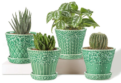 Metahom Succulent Ceramic Pots, 3.8 Inch Small Plant Pots with Drainage Hole & Saucer, Flower Planter Pot for Indoor Plants Cacti, Home Decor, Set of 4, Green