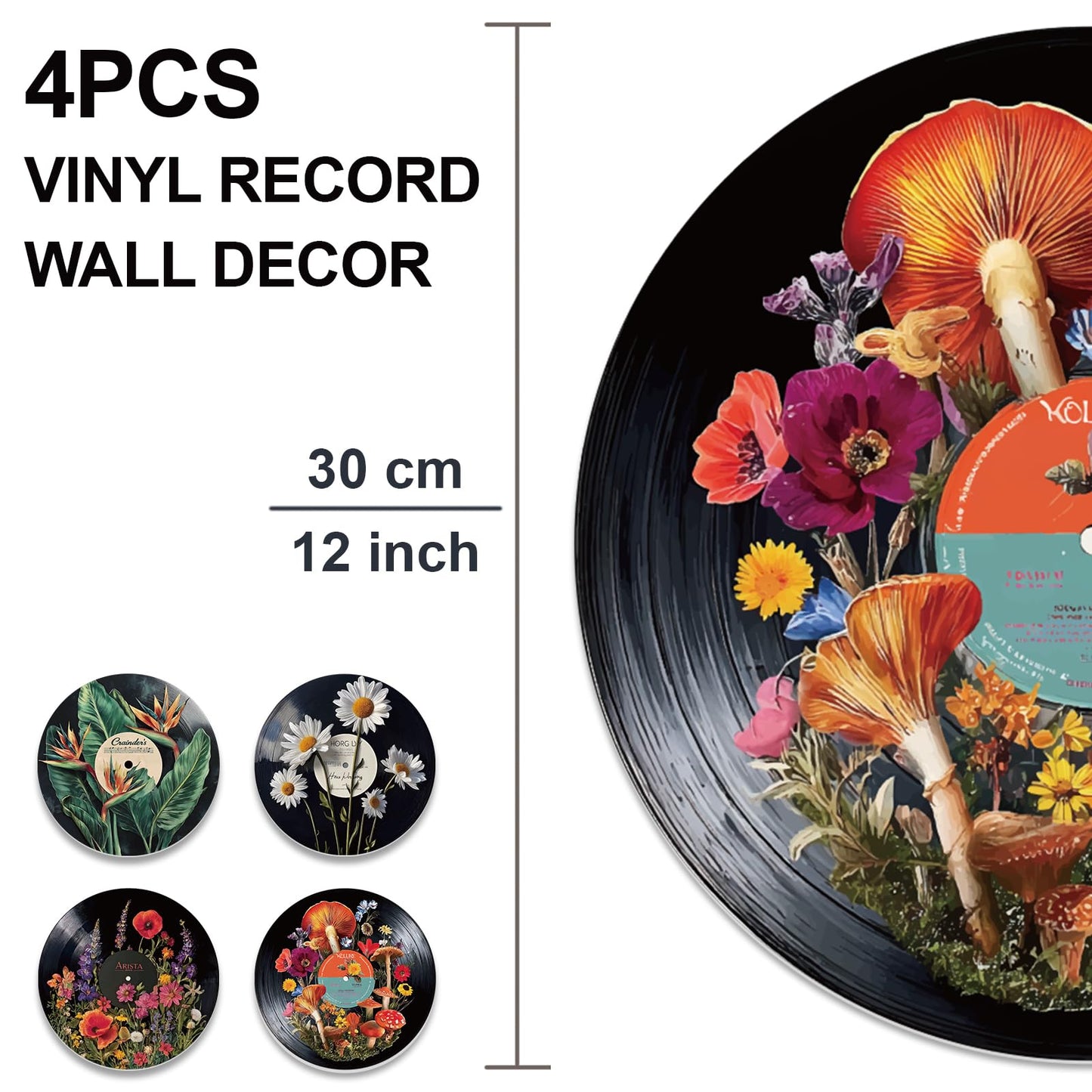 DOODLREAM 4PCS Botanical Vinyl Record Wall Decor 12" Hippy Plant Leaf Wall Art Posters for Room Aesthetic, Mushroom Daisy Flower Retro Record Decor for Music Party Studio Living Room DIY Craft Project