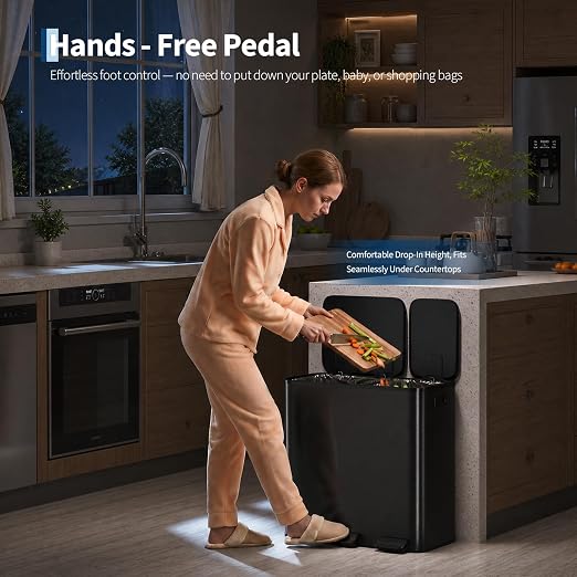 Dual Kitchen Trash Can 13.2 + 5.2 Gal (50+20L) Stainless Steel Trash Cans with Soft Close Lid Large Double Garbage and Recycling Bin with 2 Removable Inner Buckets Step-on Metal Garbage Cans Black