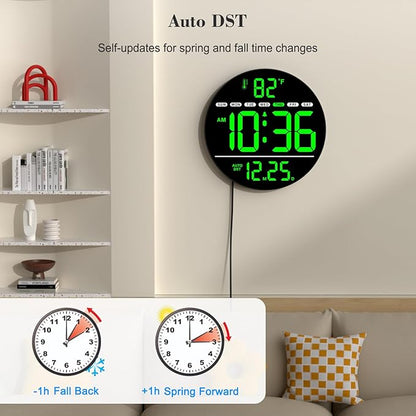 WallarGe Large Digital Wall Clock with LED Display, Electric Wall Clock with Temperature, Auto DST, Date, and Day, 5-Level Brightness for Office, Bedroom, Living Room, Classroom Décor