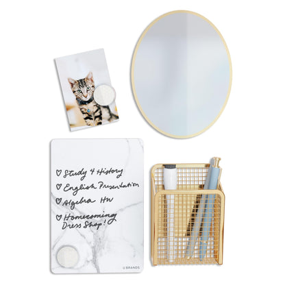 U Brands Magnetic Locker Accessories and Decorating Kit, 6 Piece Set, Back to School Essentials, Gold and Marble, Whiteboard, Mirror, and More