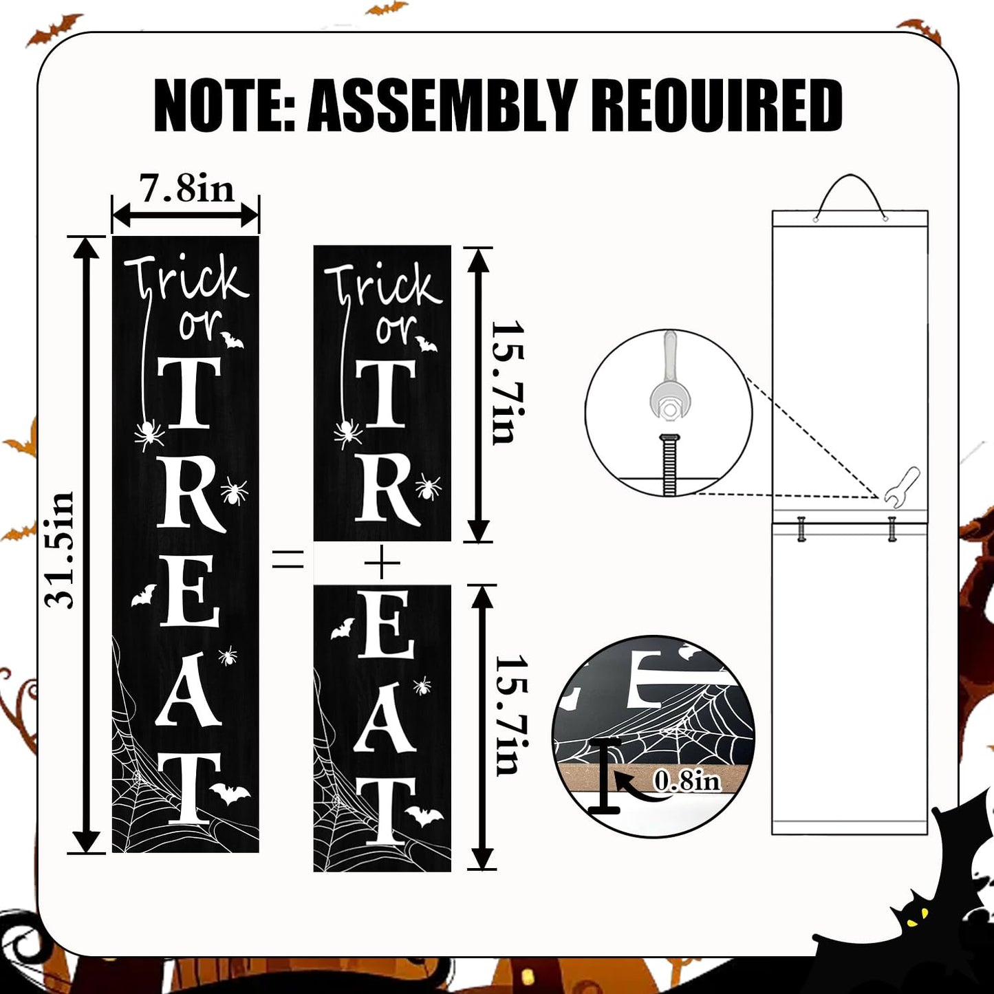 Halloween Porch Sign, Trick or Treat Wooden Welcome Sign with Bats, Spiders and Spider Web Design, Vertical Front Door Sign for Entryway, Farmhouse Halloween Porch Decor, 31.5 Inch