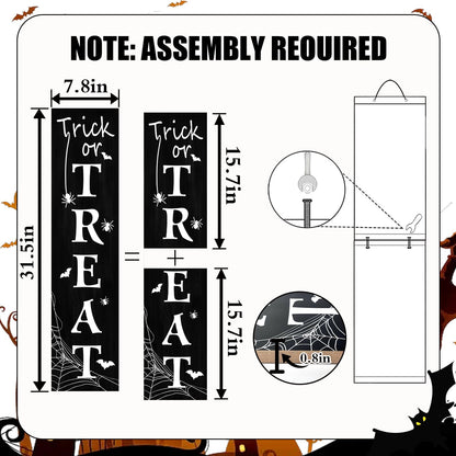 Halloween Porch Sign, Trick or Treat Wooden Welcome Sign with Bats, Spiders and Spider Web Design, Vertical Front Door Sign for Entryway, Farmhouse Halloween Porch Decor, 31.5 Inch