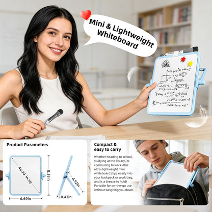FUNISKETCH Colorful Dry Erase White Board 6.7x8.4in, Magnetic Desktop Board with Stand, 2 Markers (Eraser Head), 4 Magnets - Double-Sided Easel for Daily Planning, Memo, Office/Home/School (Blue)