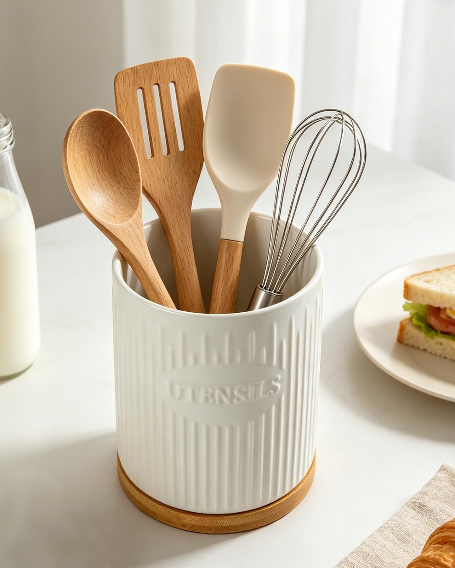 QINSDESIGNS 360° Rotating Utensil Holder, 7.6" Large Ceramic Kitchen Utensil Holder for Countertop with Rotatable Bamboo Base, Stable Cooking Utensil Crock, Farmhouse kitchen Decor, White
