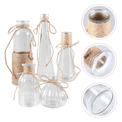 Cabilock 5pcs Glass Vases Set with Rope Design, Plant Terrarium Flower Arrangement Containers for Home Décor, Desktop Adornment, Includes Cone, Pumpkin, European Triangle Shapes