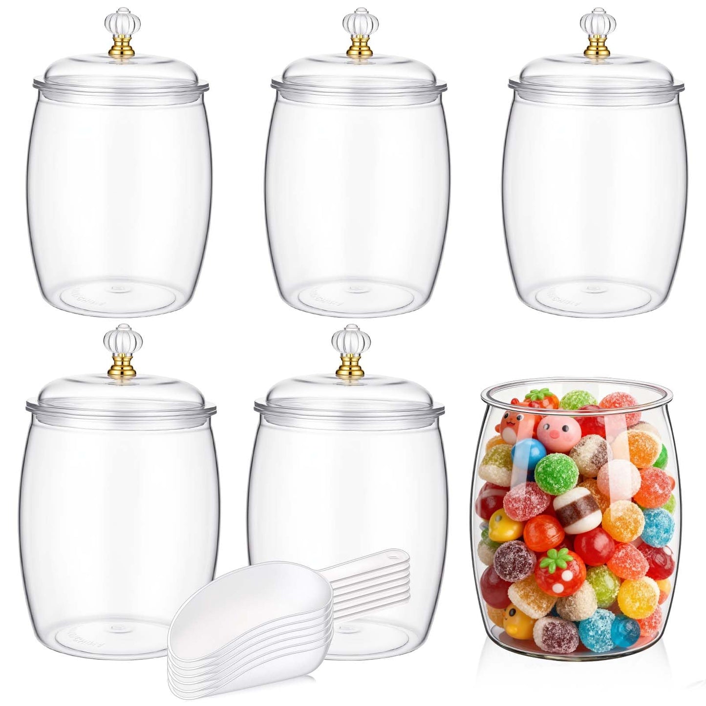 mwellewm 6pc Candy Jar with Lids and Spoons Clear Plastic Cookie Container Airtight Apothecary Storage Organization for Buffet Wedding Home Bar Decoration Festive Display and Everyday Use(64oz)