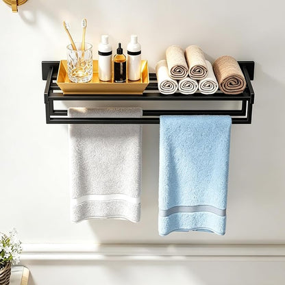 Towel Racks for Bathroom Wall Mounted, 24 Inch Double Towel Bar, Dual Towel Rack with Shelf, Stainless Steel Hand Towel Hanger, Bath Towel Holder for Wall, Black