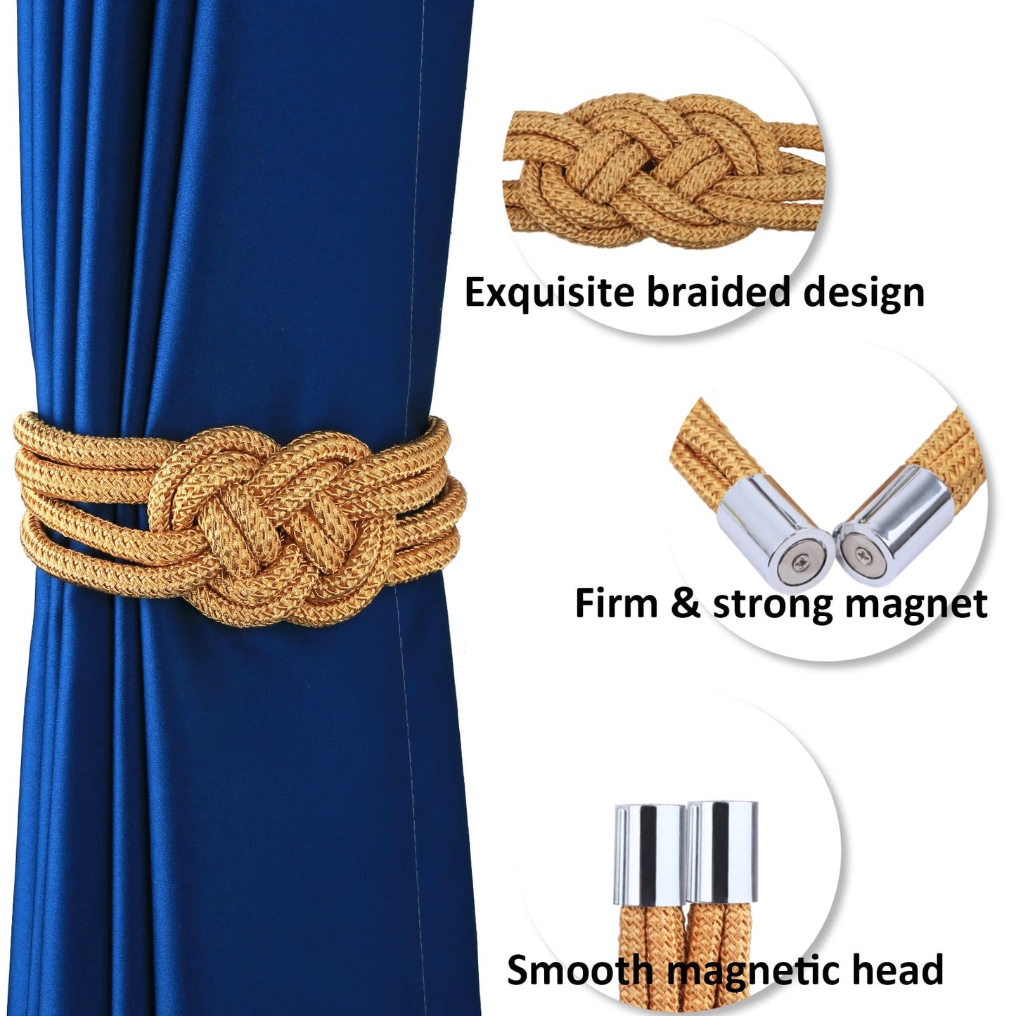HedongHexi 2 Pack Magnetic Curtain Tiebacks, Hand Weave Rope Knot Decorative Curtain Holdbacks for Home & Office Thin Window Drapery (Golden,2P)
