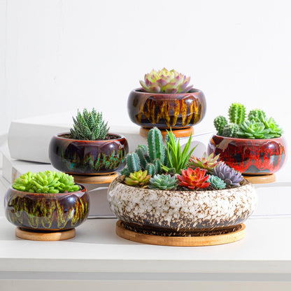 Acellegic 5 Pcs 7.3'' and 4'' Round Large Shallow Succulent Ceramic Planter Pots with Drainage Hole Drip Glazed Shallow Bonsai Pot with Bamboo Tray for Indoor Outdoor Plants Decor Cactus Flower