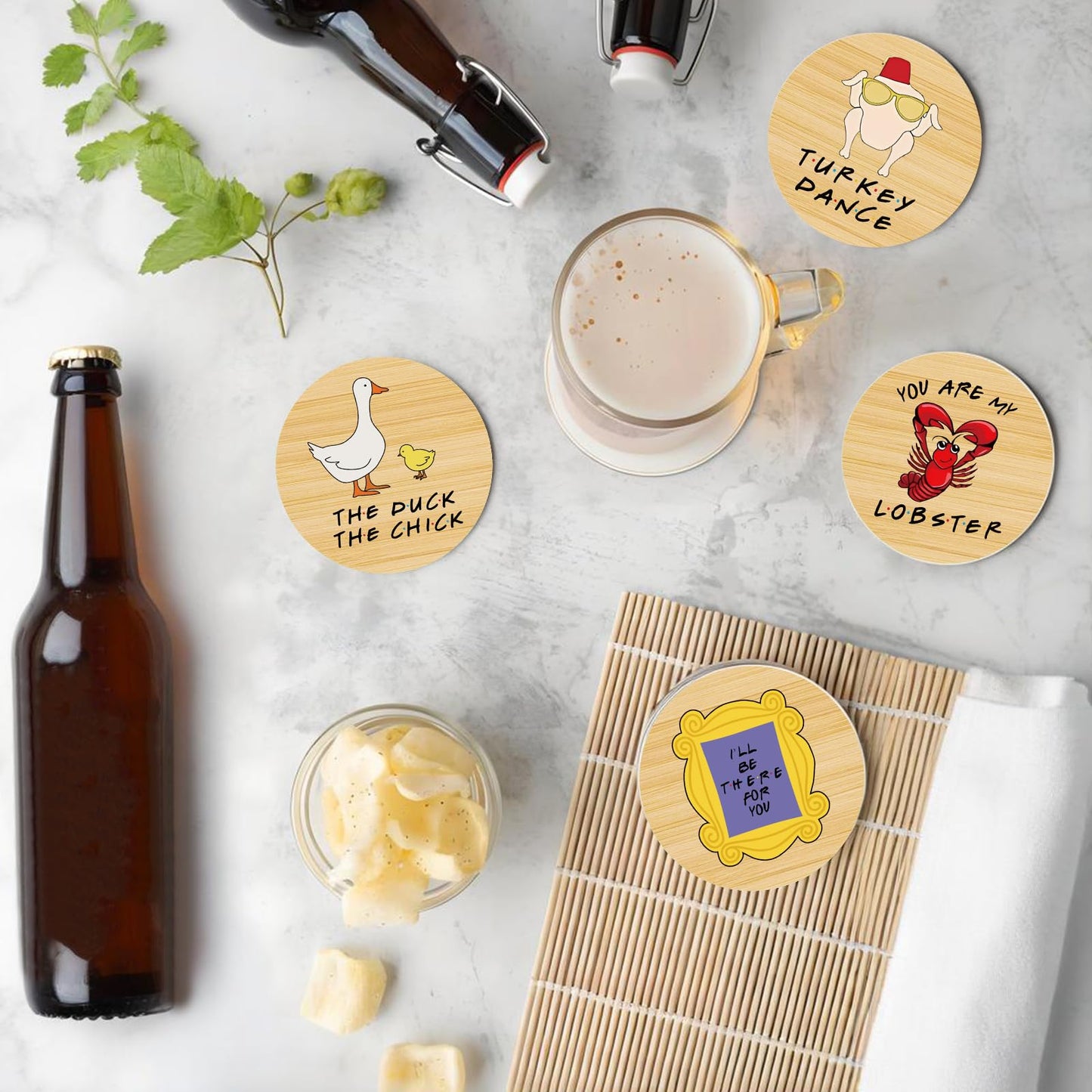 6 PCS Friends Cork Coasters for Drinks, Friends TV Show Merchandise, Funny Wooden Coasters for Drinks with Coaster Holder Home Kitchen Decor, Friend Themed Gifts for Fans