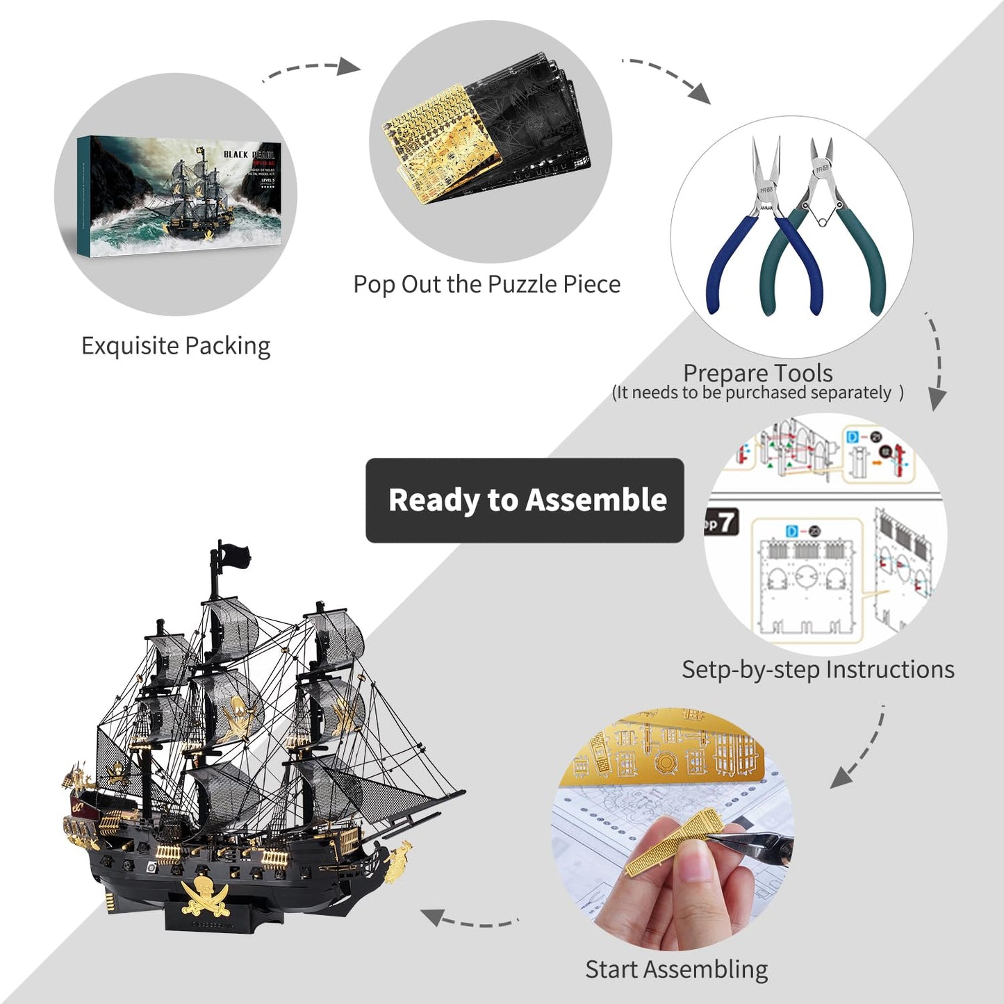 Piececool 3D Metal Puzzles for Adults, Black Pearl Pirate Ship Model Kits with DIY Tools, Watercraft Metal Model Building Kit for Birthday Christmas Gifts
