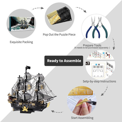 Piececool 3D Metal Puzzles for Adults, Black Pearl Pirate Ship Model Kits with DIY Tools, Watercraft Metal Model Building Kit for Birthday Christmas Gifts