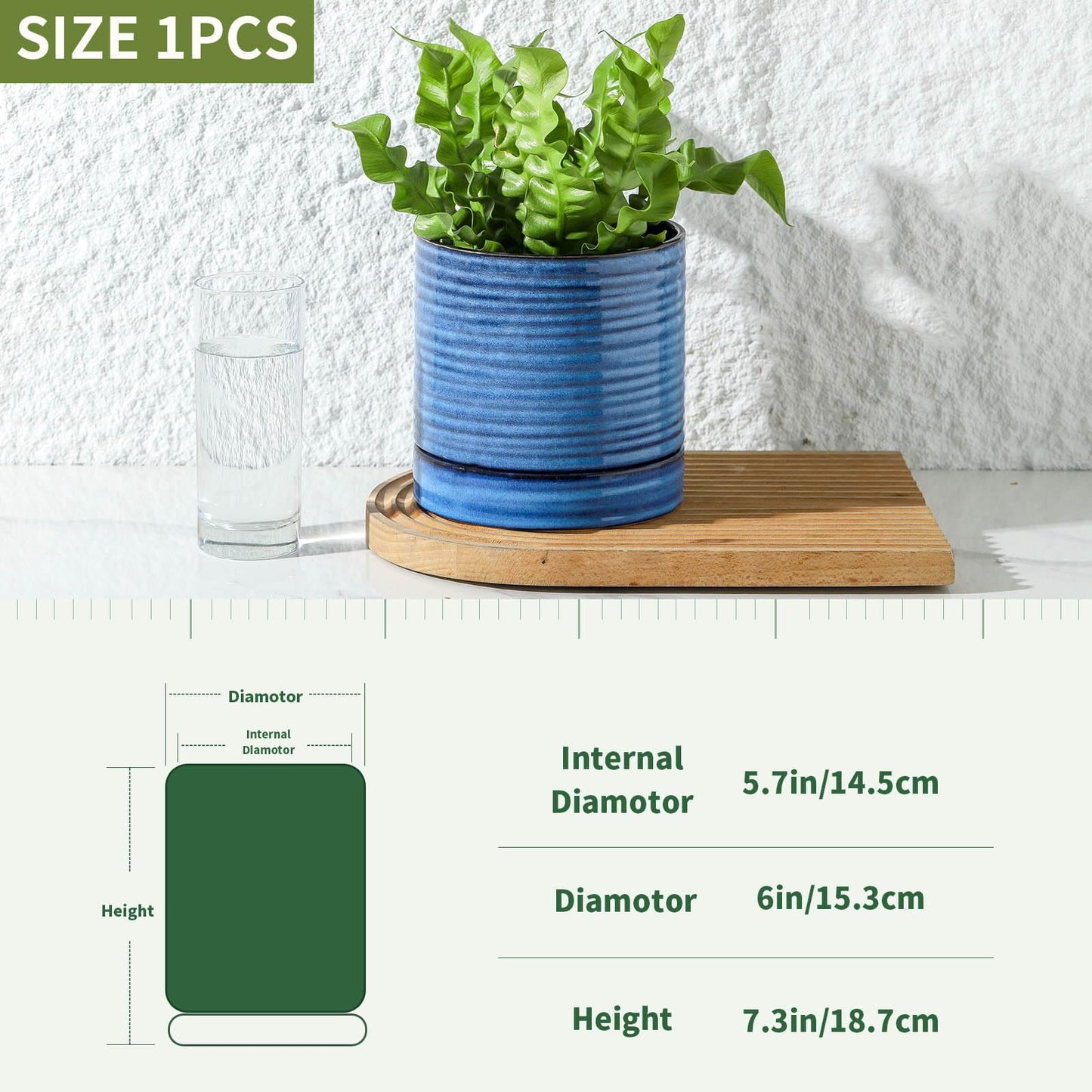 HASENSE Ceramic Plant Pot with Saucer, 6 Inch Planter for Indoor/Outdoor Plants with Drainage Hole,Blue Glazed Flower Pot for Succulents, Snake Plants & Cactus, Modern Farmhouse Decor & Gift