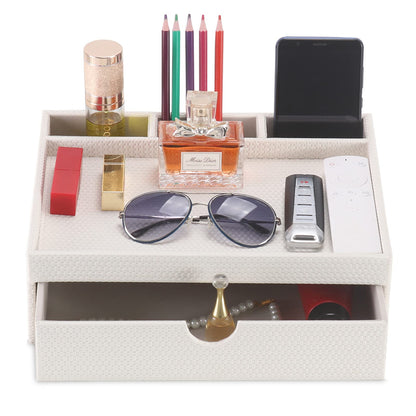 SYRWDXTX Leather Desk Organizer With Drawers, Home Cosmetics & Phone Remote Organizer, Drawer Plus Divider & Tray (white)